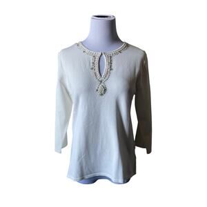 I.N. Studio White Bejeweled Beaded 3/4 Sleeved Knitted Blouse- Size Large